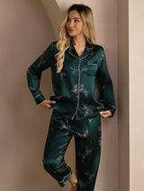 [حمار وحشي زمردي] SilkSilky-SA Long Sleeve Lapel Collar طقم بيجامة نسائي 004