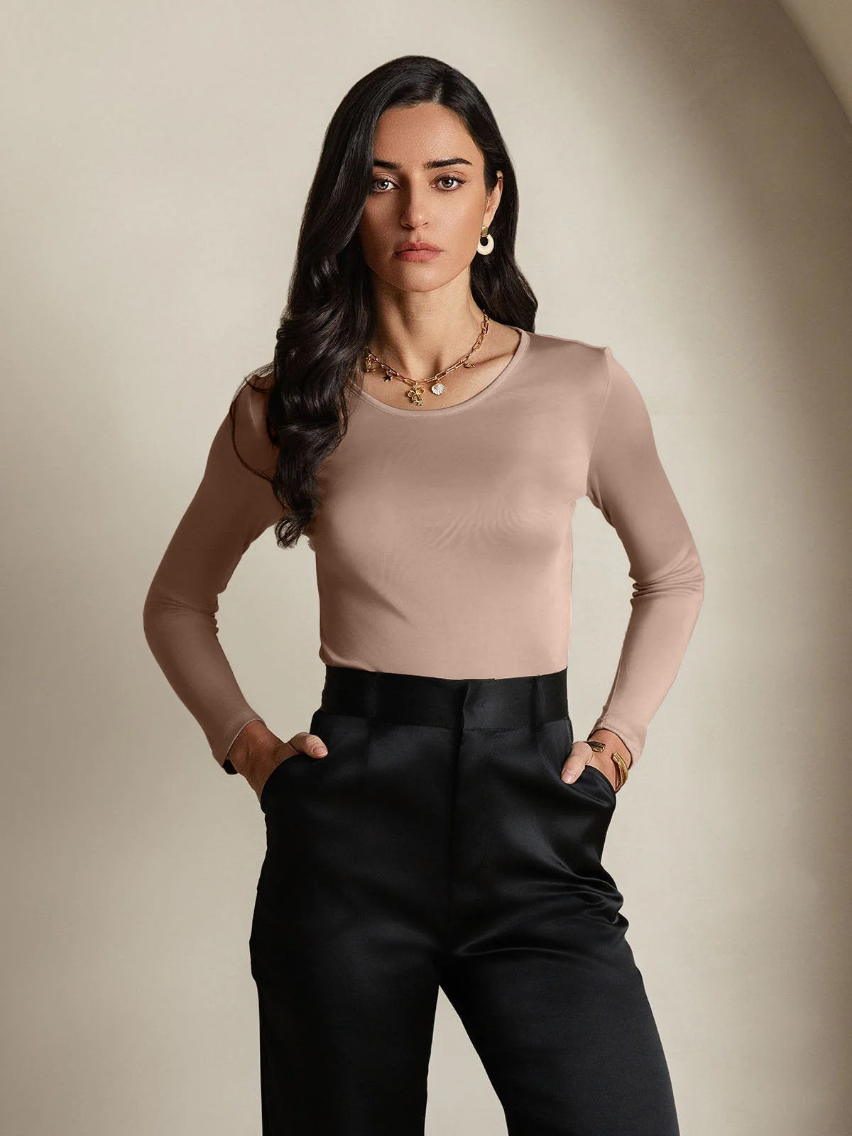 [قهوة] SilkSilky-SA الحرير رقبة مستديرة تي شيرت نسائية 001,