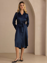 [أزرق غامق] SilkSilky-SA Long Sleeve Lapel Collar فساتين نسائية 006