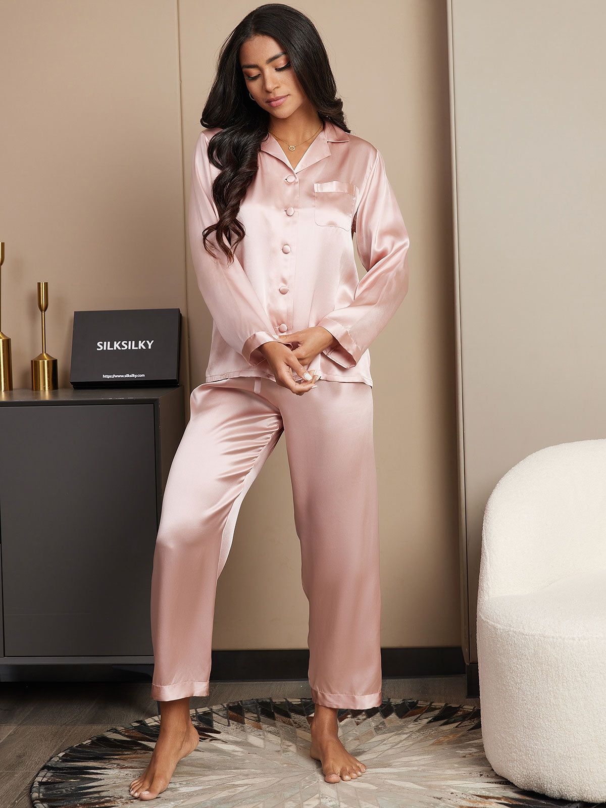 [لون القرنفل] SilkSilky-SA الحرير الخالص Womens Pajamas 004
