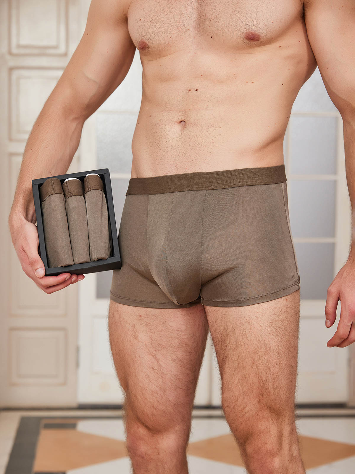 [قهوة] SilkSilky-SA الحرير الخالص Mens Underwear 001