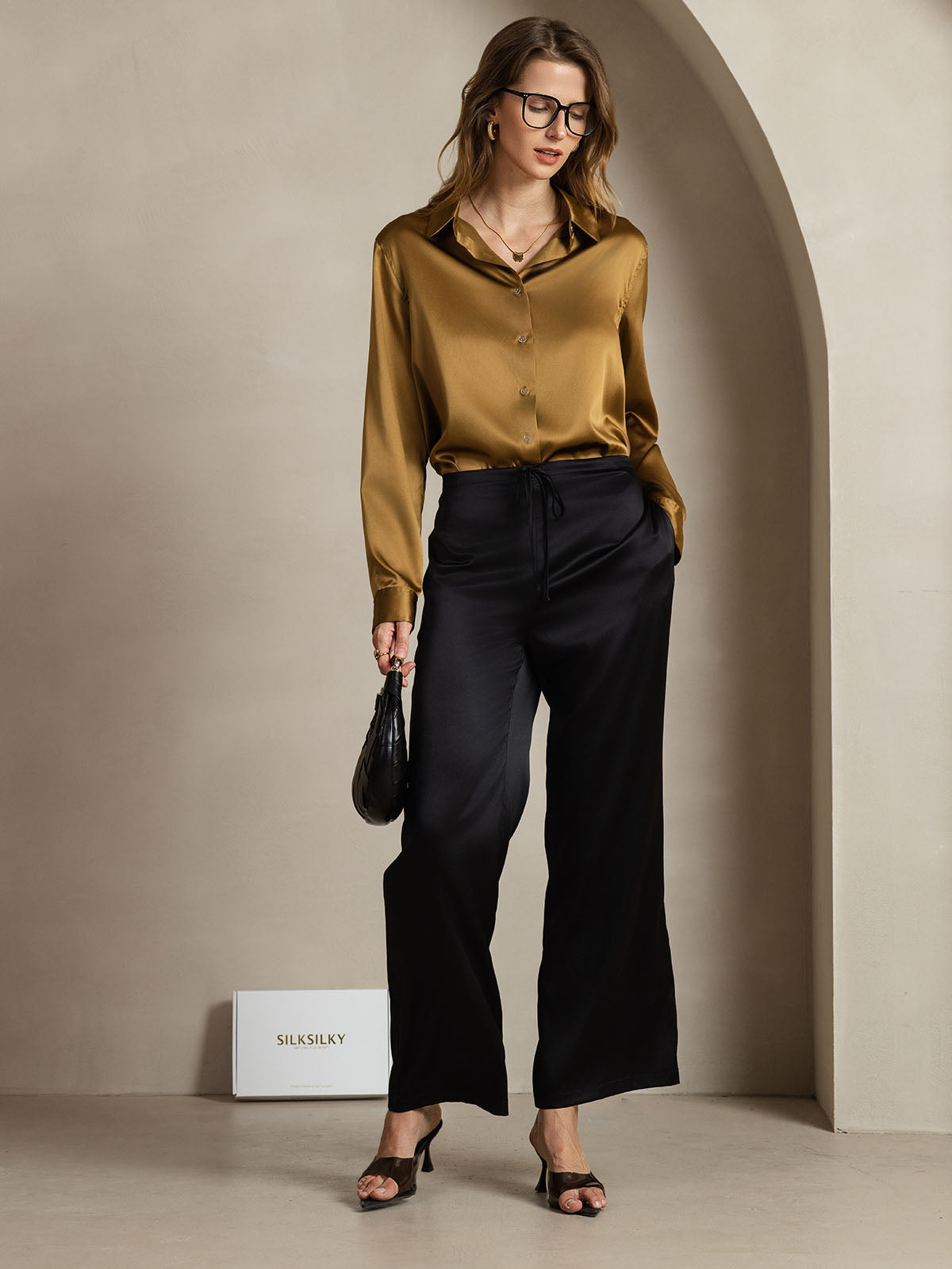 [برونزي] SilkSilky-SA الحرير الأكمام الطويلة Lapel Collar بلايز نسائية 003