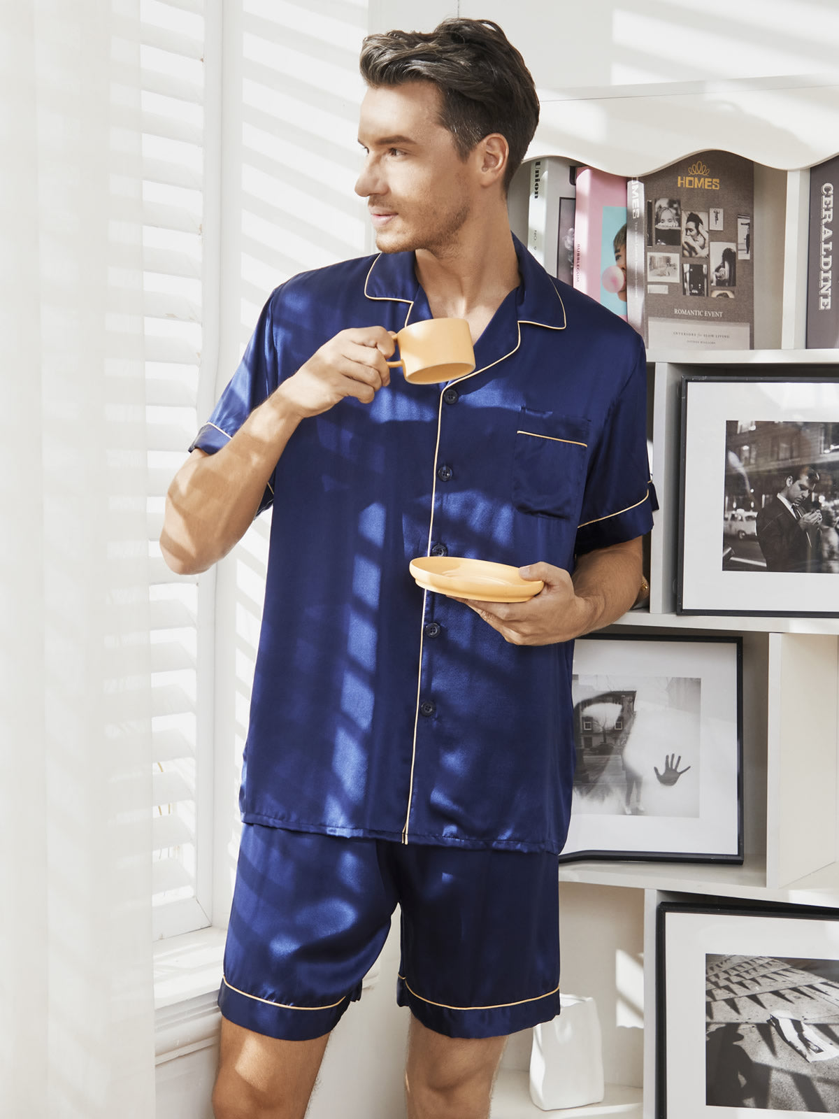 SilkSilky SA Pure Silk Short Sleeve Mens Pajamas أزرقغامق 001