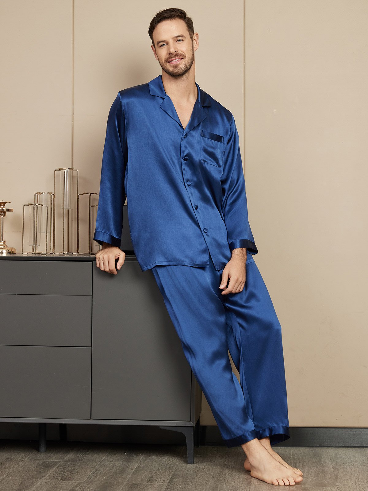 [أزرق غامق] SilkSilky-SA الحرير الخالص Mens Pajamas 004