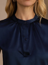 [أزرق غامق] SilkSilky-SA Short Sleeve Split بلوزات نسائية 005