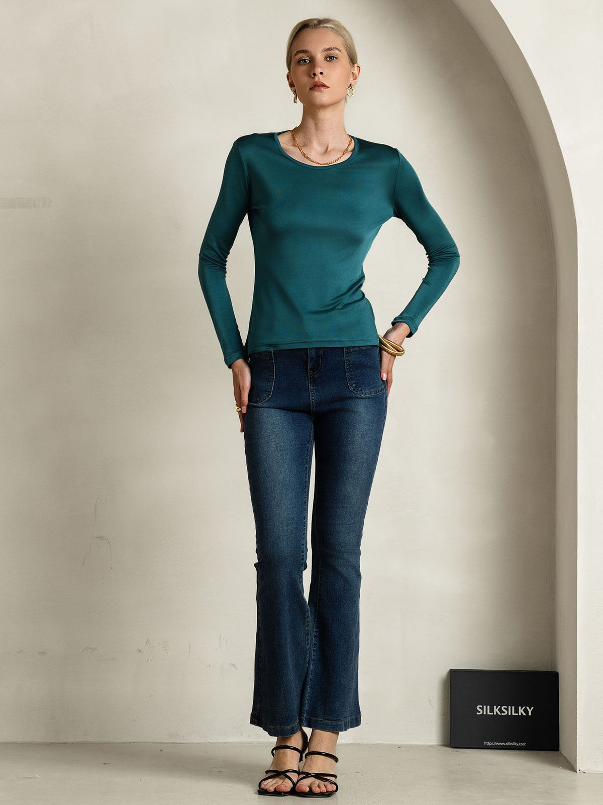 [أخضر غامق] SilkSilky-SA الحرير رقبة مستديرة تي شيرت نسائية 005,