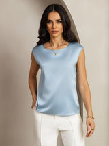 [أزرق رمادي] SilkSilky-SA Cap Sleeve Round Neck تي شيرت نسائية 001
