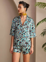 [نباتي تركوازي] SilkSilky-SA Short Sleeve Notch Collar طقم بيجامة نسائي 003