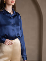 [أزرق غامق] SilkSilky-SA Long Sleeve Lapel Collar بلايز نسائية 006