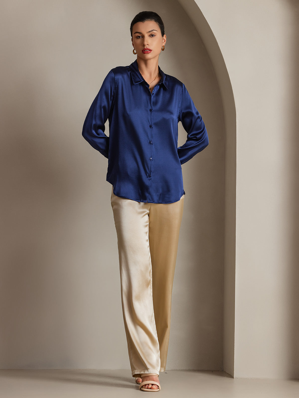 [أزرق غامق] SilkSilky-SA الحرير الأكمام الطويلة Lapel Collar بلايز نسائية 004