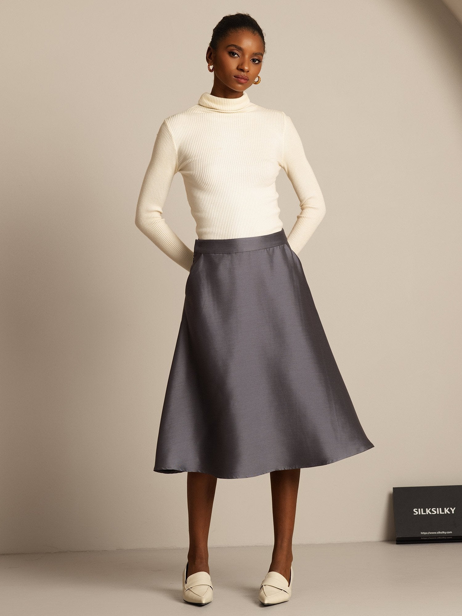 [رمادي] SilkSilky-SA 32Momme الحرير Skirt 008,