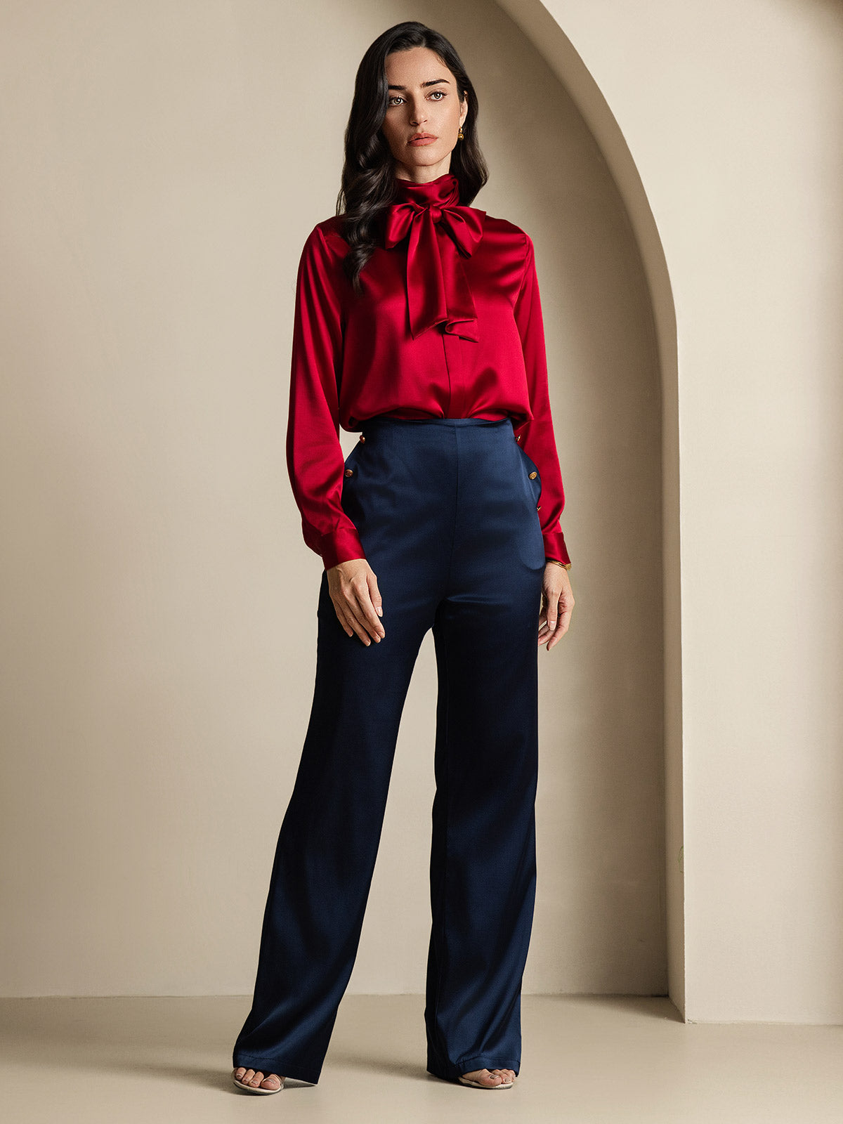 [خمر] SilkSilky-SA 19Momme الحرير الأكمام الطويلة تعادل الرقبة بلوزة 009