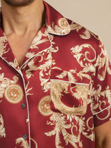 [تنين بلون النبيذ] SilkSilky-SA Short Sleeve Lapel Collar بيجامة رجالية 004