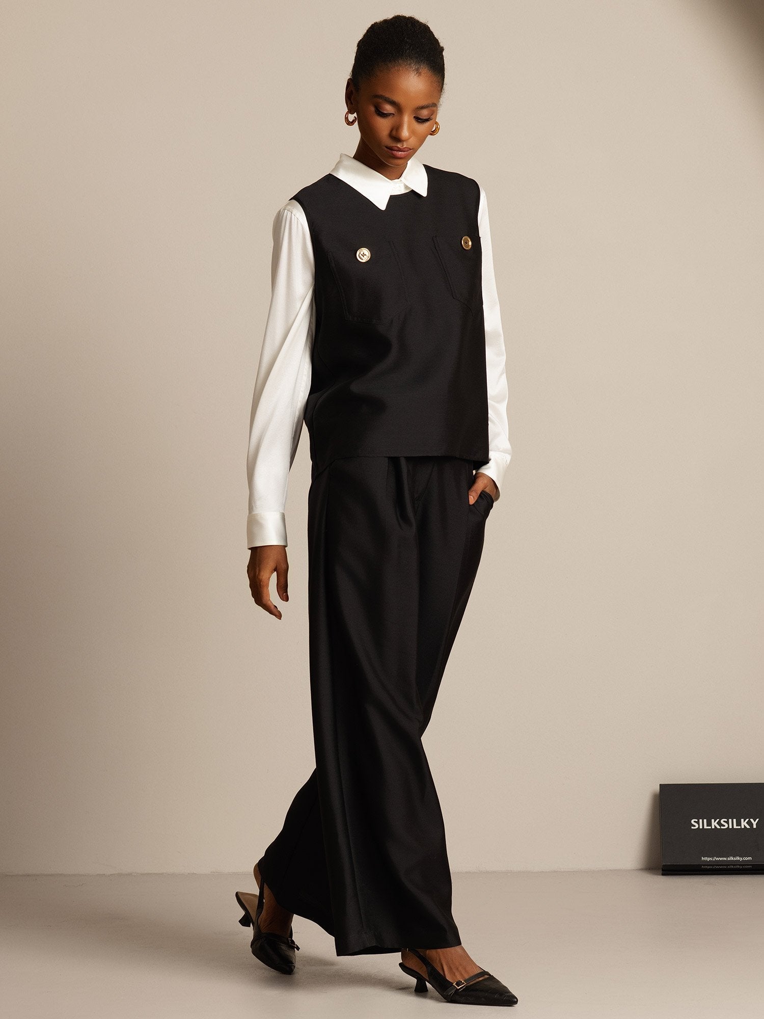 [أسود] SilkSilky-SA 32Momme الحرير Womens Vest 006,