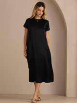 [أسود] SilkSilky-SA Short Sleeve Round Neck فساتين نسائية 003