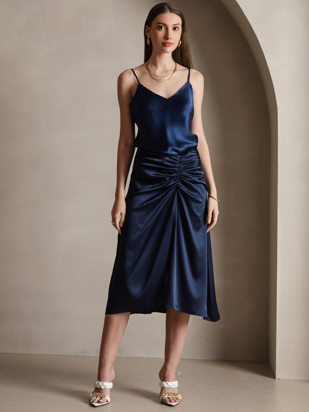 [أزرق غامق] SilkSilky-SA الحرير الخالص رقبة على شكل حرف V كامي 006,