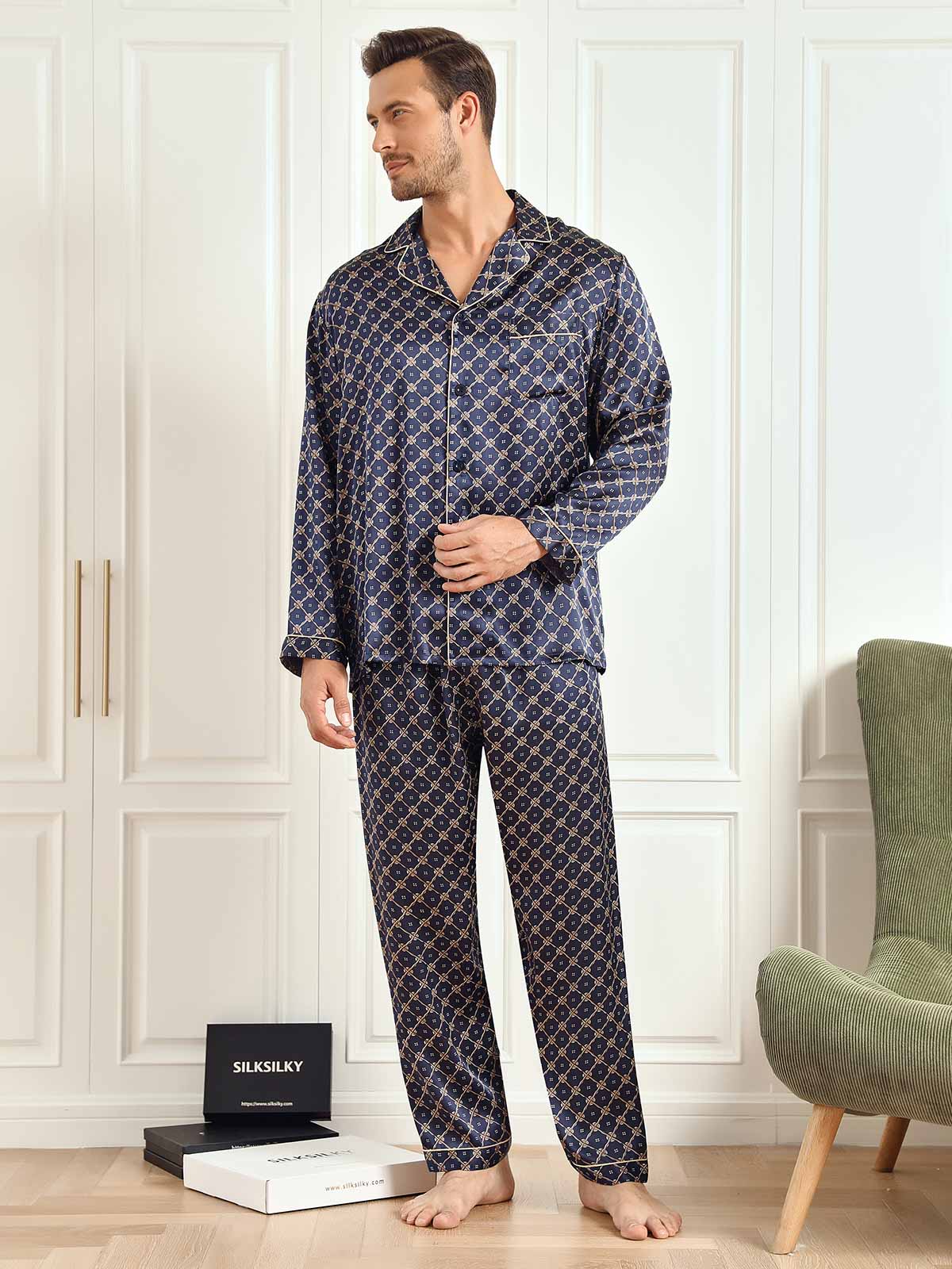 [سلسلة كحلي] SilkSilky-SA 19Momme الحرير الخالص Mens Pajamas 006