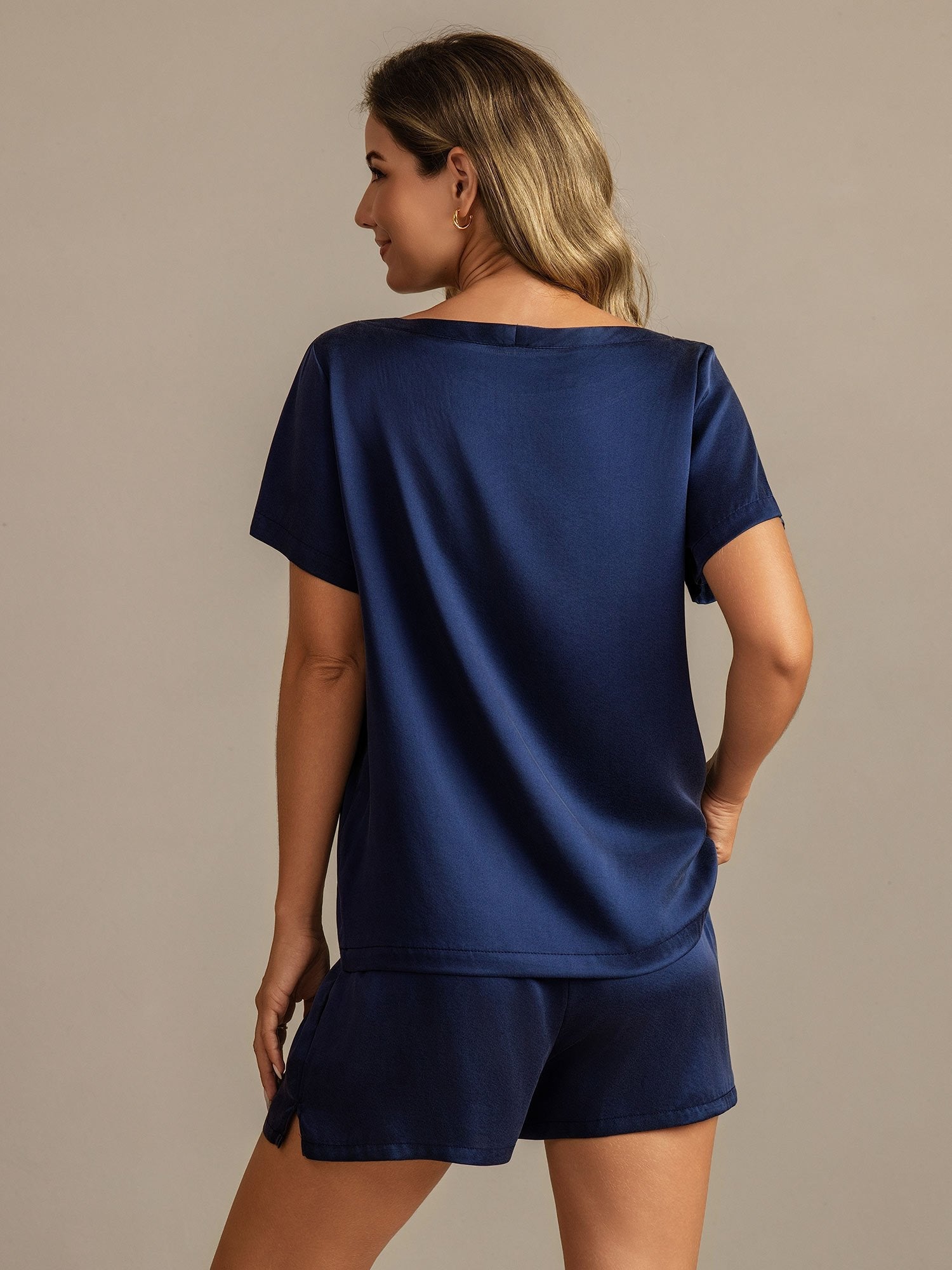 [أزرقغامق] SilkSilky-SA 19Momme الحرير رقبة مستديرة طقم بيجامة نسائي 002