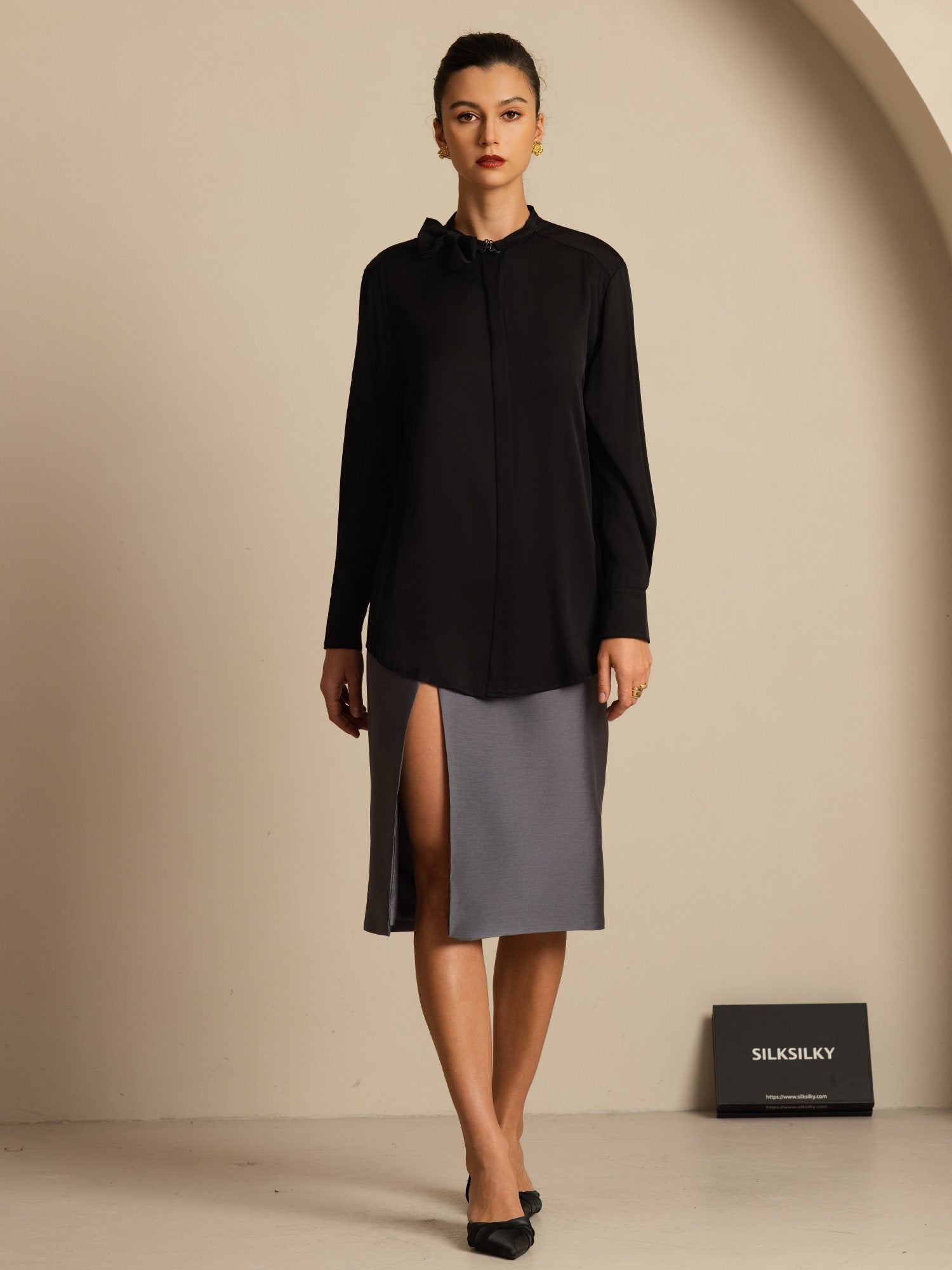 [أسود] SilkSilky-SA 19Momme الحرير الأكمام الطويلة ياقة القاع بلوزة 008