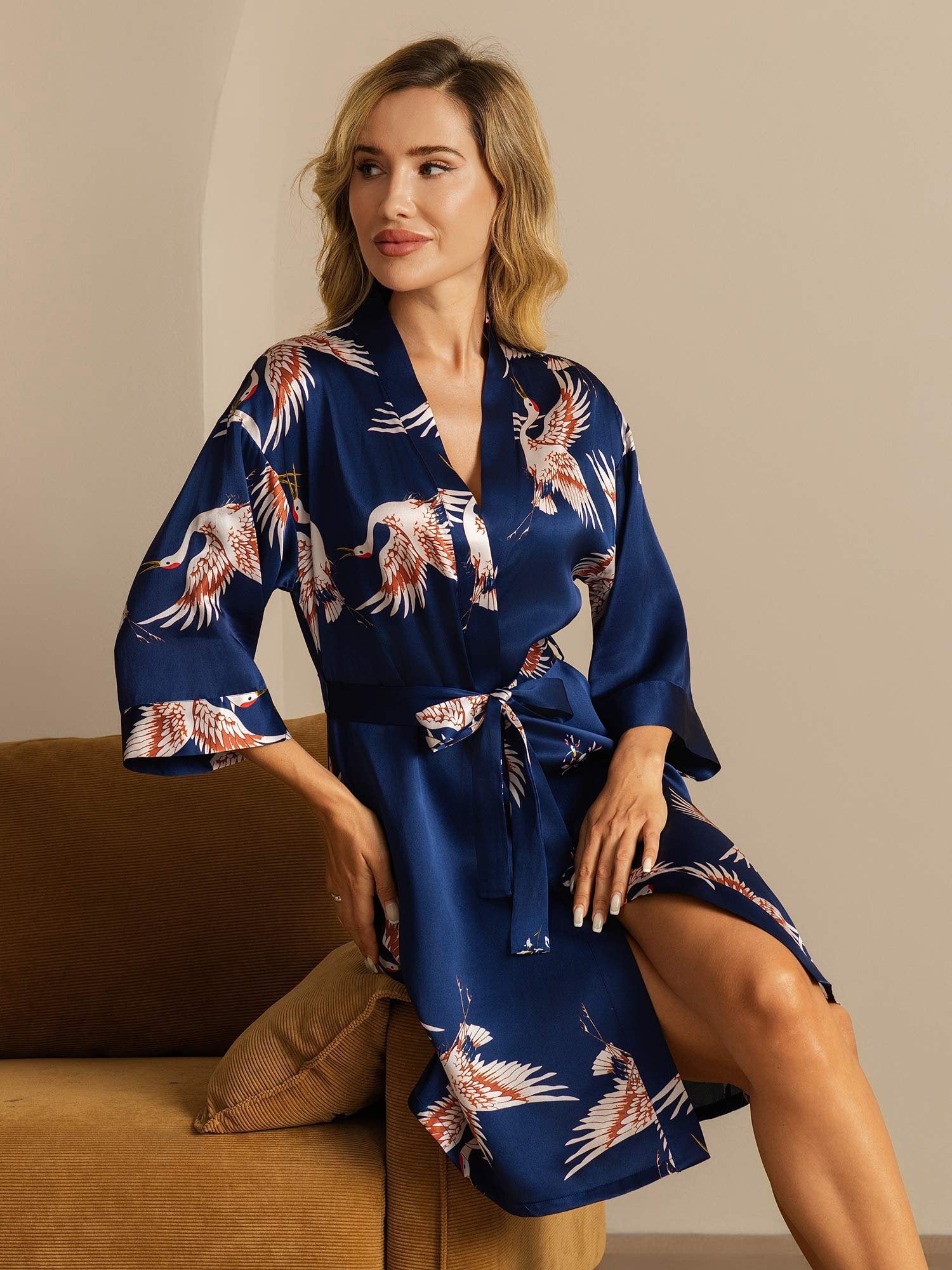 [أزرقغامق] SilkSilky-SA 19Momme الحرير الخالص Wrap رداء حمام نسائي 001