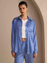 [مقلم دقيق أزرق] SilkSilky-SA Long Sleeve Lapel Collar Women's Outfit Sets 004