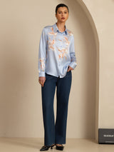 [أزرق فاتح] SilkSilky-SA Long Sleeve Lapel Collar بلايز نسائية 008