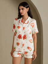 [فراولة بيضاء] SilkSilky-SA Short Sleeve Notch Collar طقم بيجامة نسائي 001