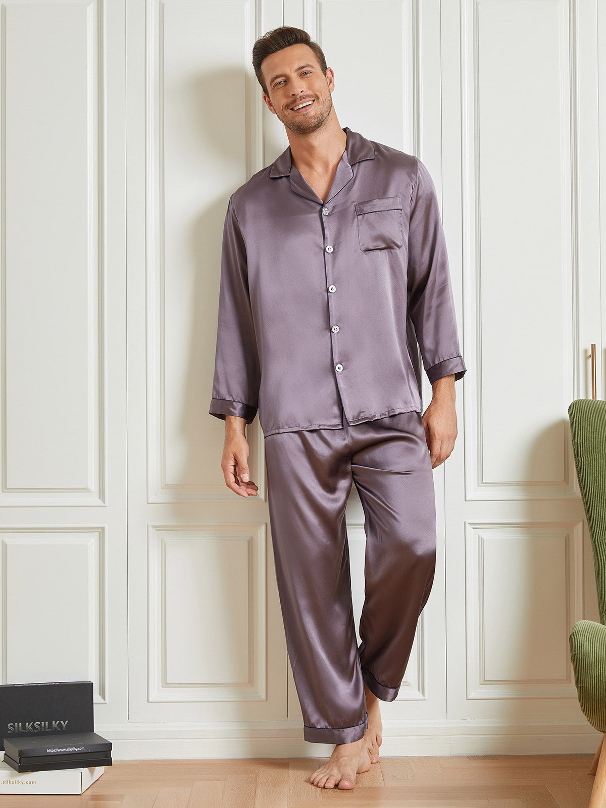 [رمادي أرجواني] SilkSilky-SA 19Momme الحرير الخالص Mens Pajamas 003