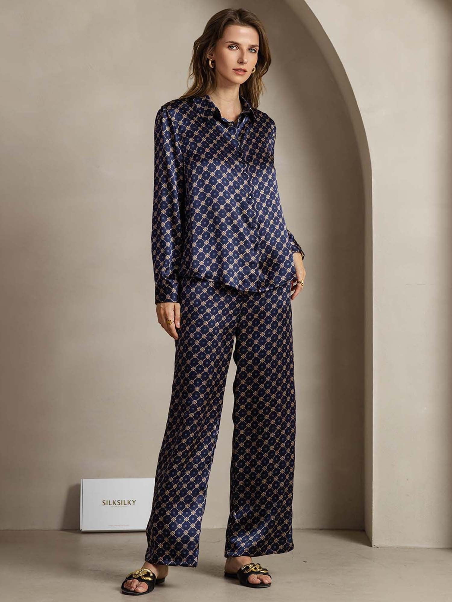 [سلسلة كحلي] SilkSilky-SA 19Momme الحرير Lapel Collar Women''s Outfit Sets 001