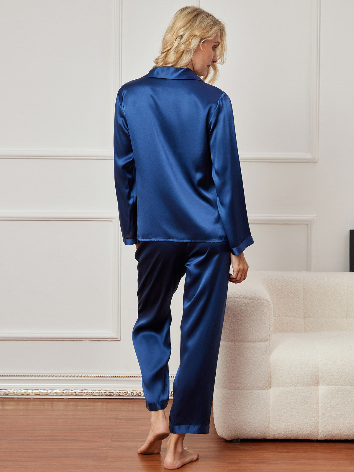 [أزرق غامق] SilkSilky-SA الحرير الخالص Notch Collar طقم بيجامة نسائي 002,