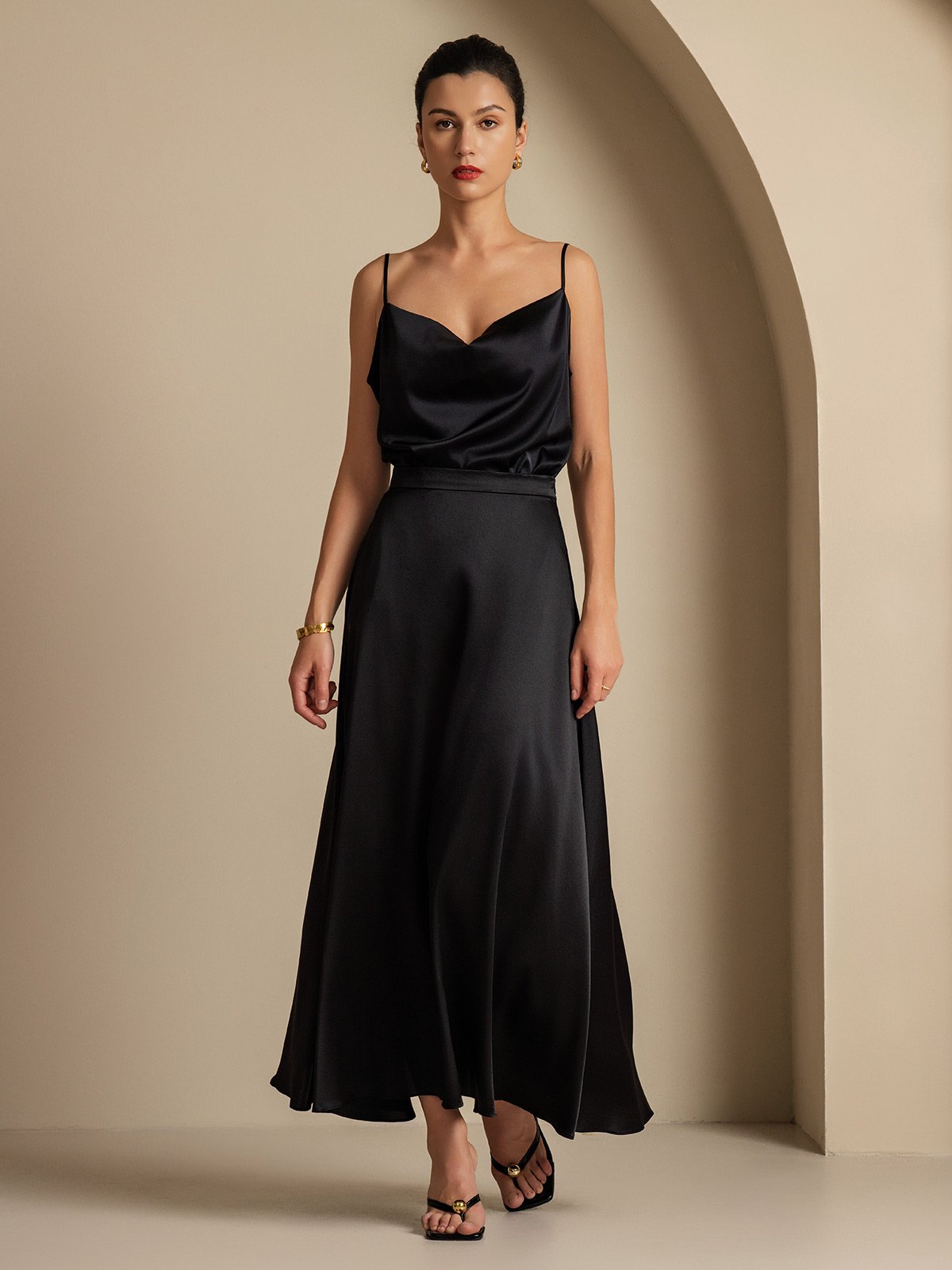 [أسود] SilkSilky-SA 19Momme الحرير فتحة عنق بثنيات ملفوفة Women''s Outfit Sets 001,