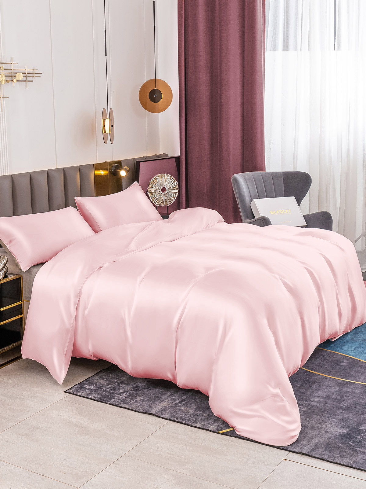 SilkSilky SA 19Momme الحرير الخالص Bedding Set لونالقرنفل 005