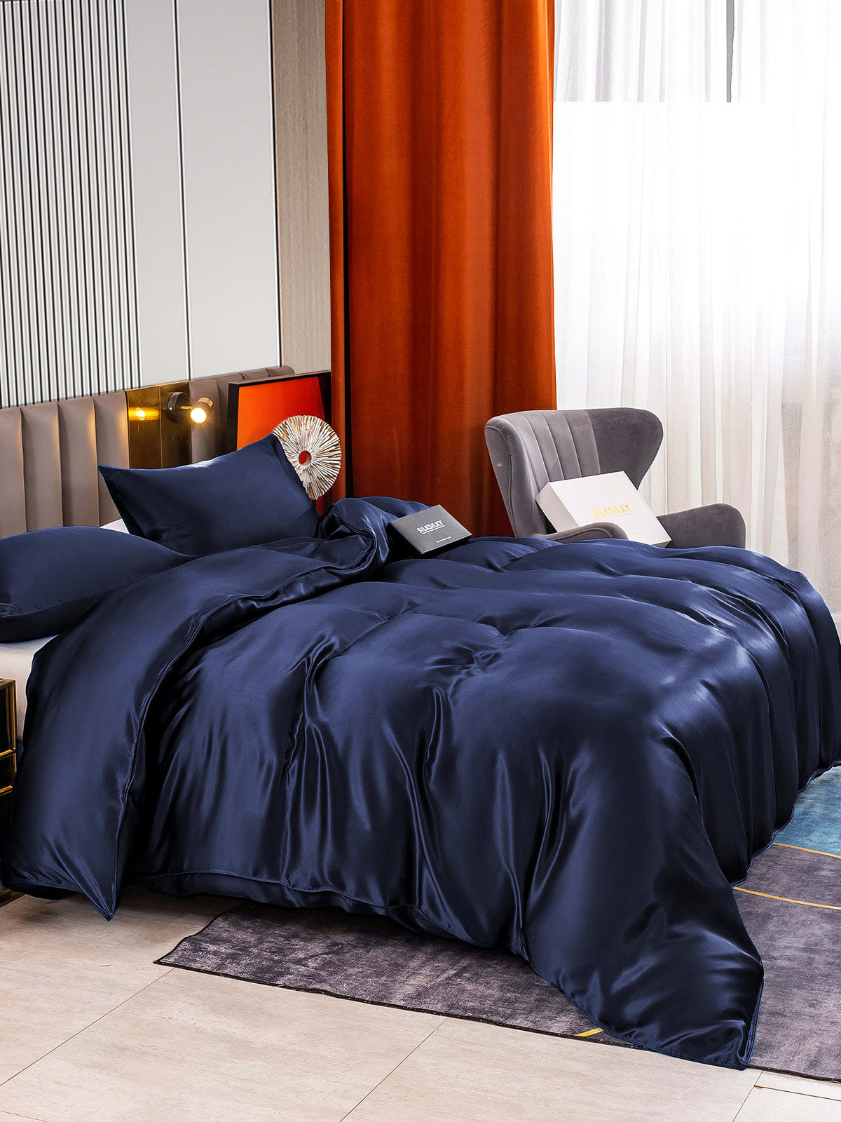 SilkSilky SA 22Momme الحرير الخالص Bedding Set أزرقغامق 003