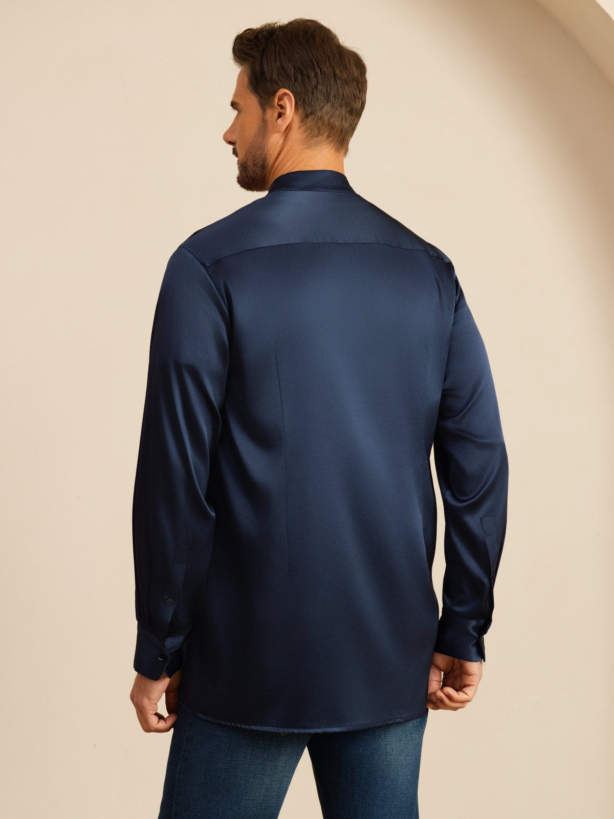 [أزرق غامق] SilkSilky-SA Long Sleeve Stand Collar قميص رجالي 002