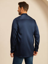 [أزرق غامق] SilkSilky-SA Long Sleeve Stand Collar قميص رجالي 002