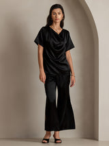 [أسود] SilkSilky-SA Short Sleeve Cowl Neck بلوزات نسائية 003