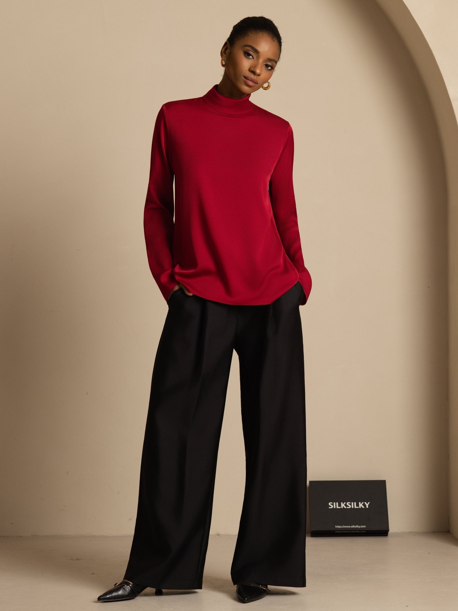 [خمر] SilkSilky-SA 19Momme الحرير الأكمام الطويلة ياقة مدورة تي شيرت نسائية 001