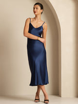 [أزرق غامق] SilkSilky-SA Sleeveless V Neck فساتين نسائية 001