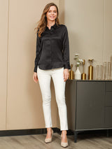 [أسود] SilkSilky-SA Long Sleeve Lapel Collar بلايز نسائية 005
