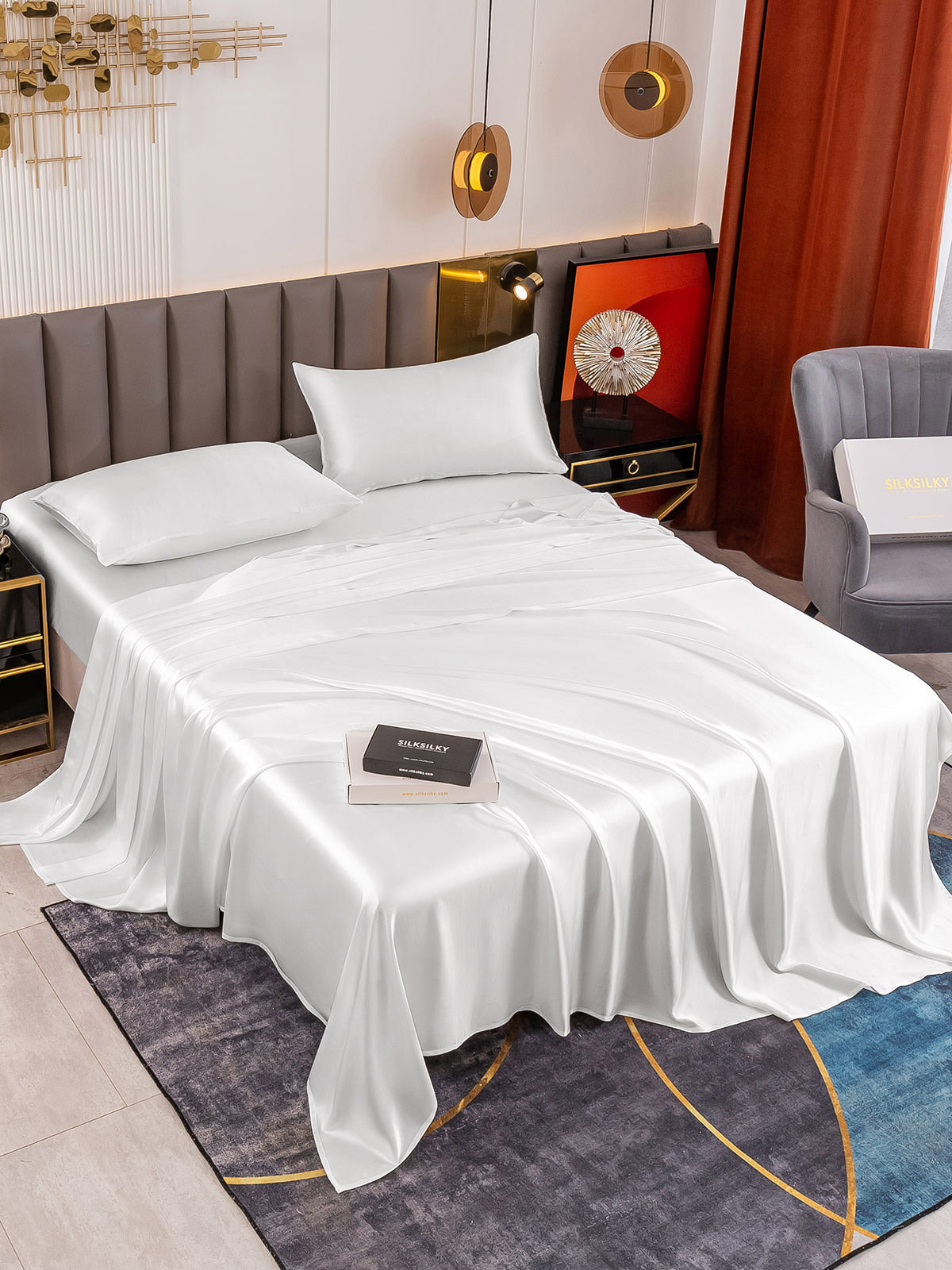 SilkSilky SA 19Momme الحرير الخالص Bedding Set أبيض 001