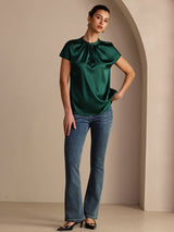 [أخضر غامق] SilkSilky-SA Short Sleeve Split بلوزات نسائية 006