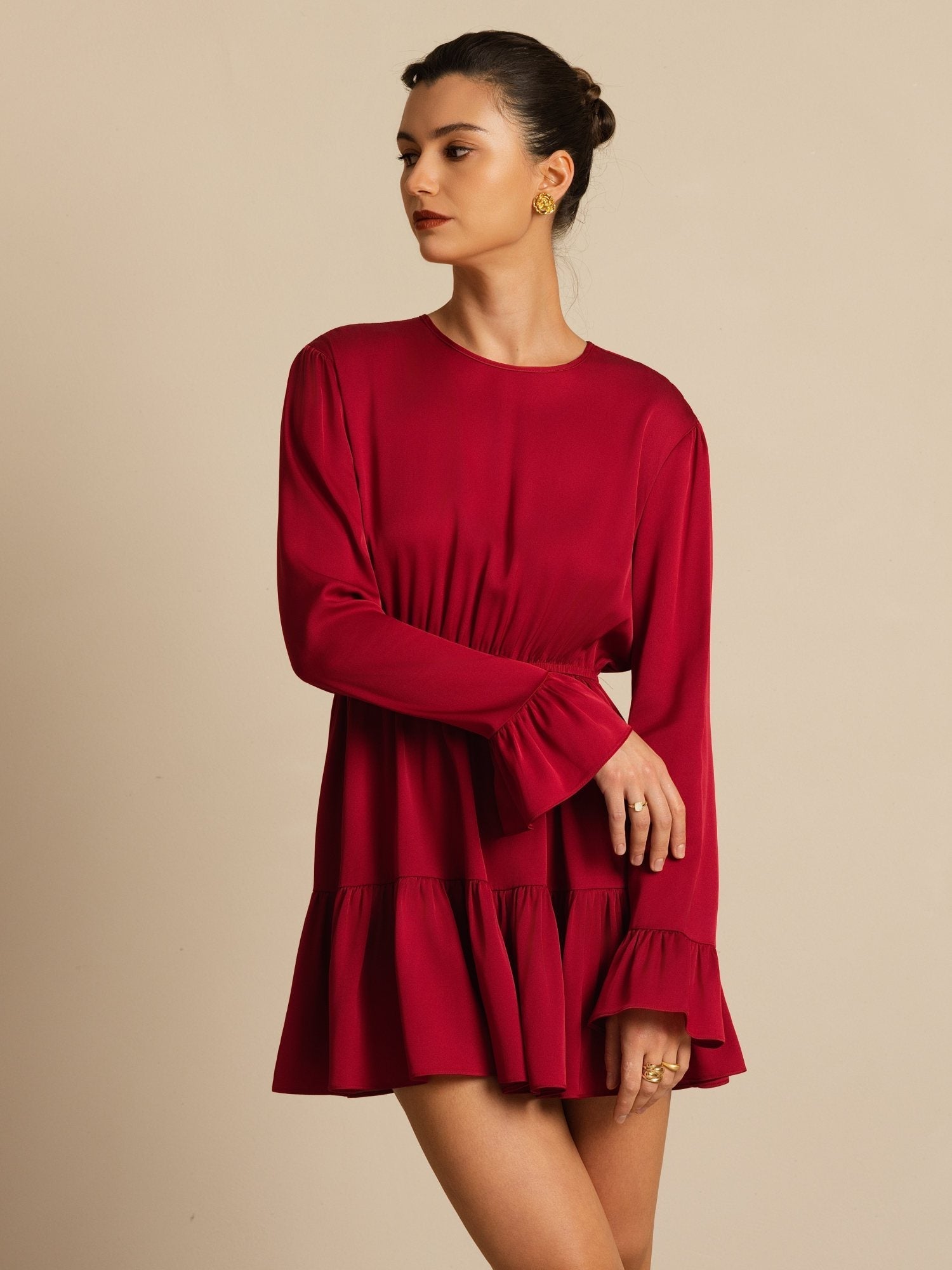 [خمر] SilkSilky-SA 19Momme الحرير الأكمام الطويلة رقبة مستديرة فساتين نسائية 008