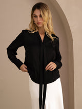 [أسود] SilkSilky-SA Long Sleeve Tie Neck بلوزات نسائية 002