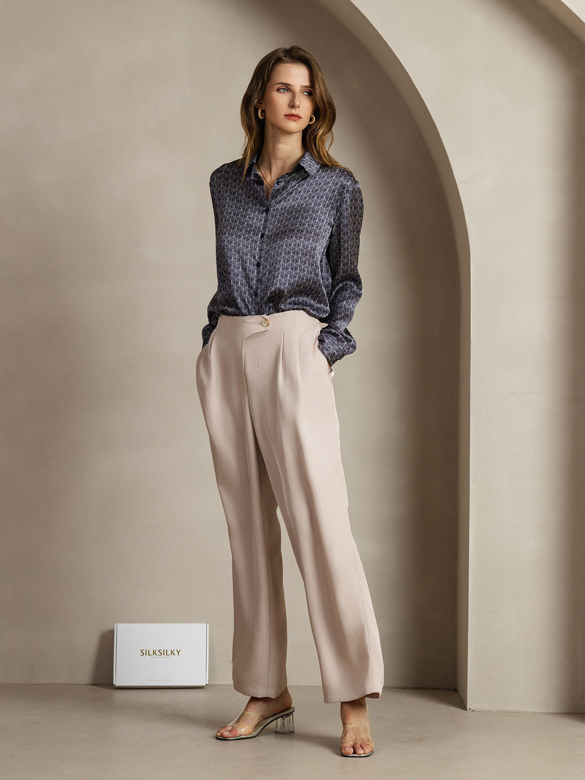 [جنكو كحلي] SilkSilky-SA الحرير Lapel Collar بلايز نسائية 003