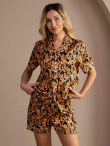[نمر أسود] SilkSilky-SA Short Sleeve Lapel Collar طقم بيجامة نسائي 005