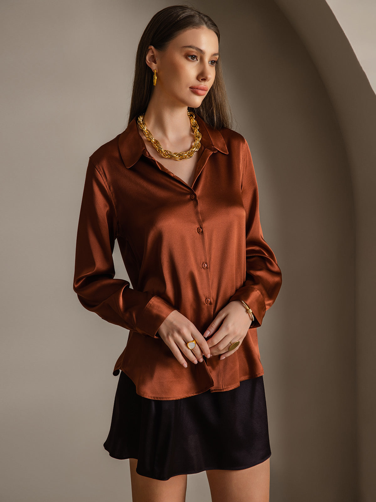 [قهوة] SilkSilky-SA الحرير Lapel Collar بلايز نسائية 004