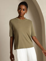 [زيتوني محروق] SilkSilky-SA Half Sleeve Crew Neck تي شيرت نسائية 007