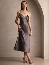 [كاكي غامق] SilkSilky-SA Sleeveless V Neck فساتين نسائية 001