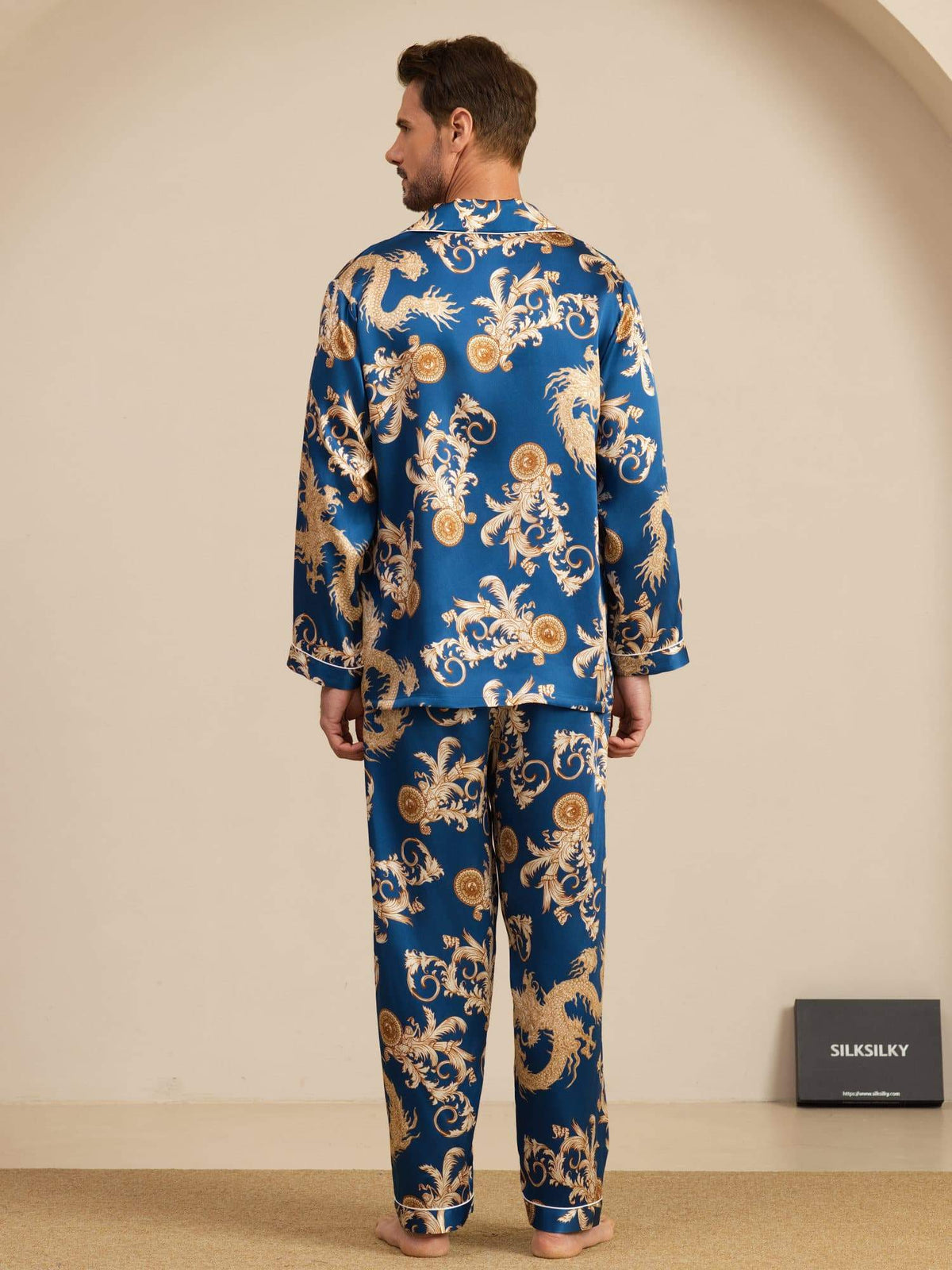 [تنين نيفي] SilkSilky-SA Long Sleeve Lapel Collar بيجامة رجالية 002