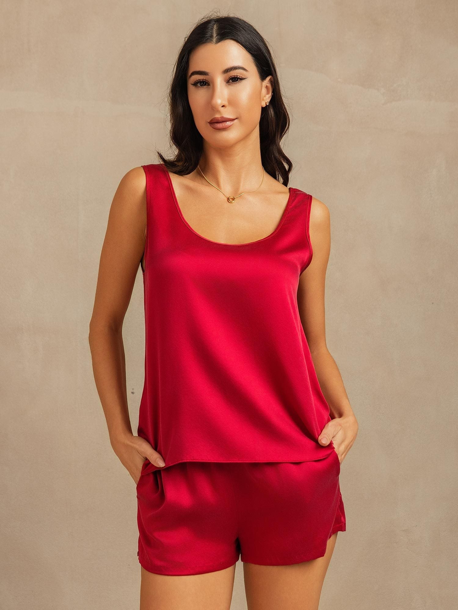 [خمر] SilkSilky-SA 19Momme الحرير رقبة على شكل حرف U طقم بيجامة نسائي 001